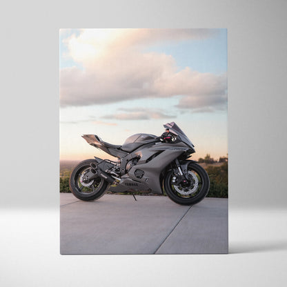 Yamaha R6 motorcycle canvas art with sleek gray bike against soft sky background wall art poster.