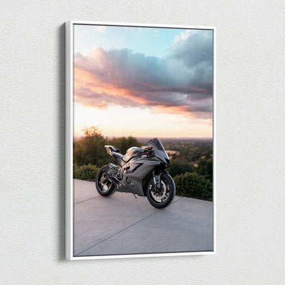 Yamaha R6 motorcycle canvas art with sunset sky background, vertical wall art print.