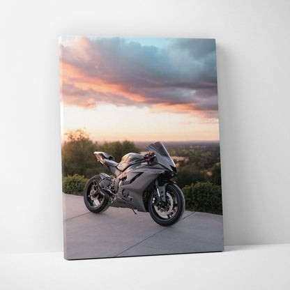 Yamaha R6 motorcycle canvas wall art with sunset sky background, vertical high-resolution canvas art.