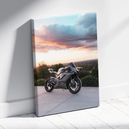 Yamaha R6 sport motorcycle at sunset on canvas wall art with vivid sky background.