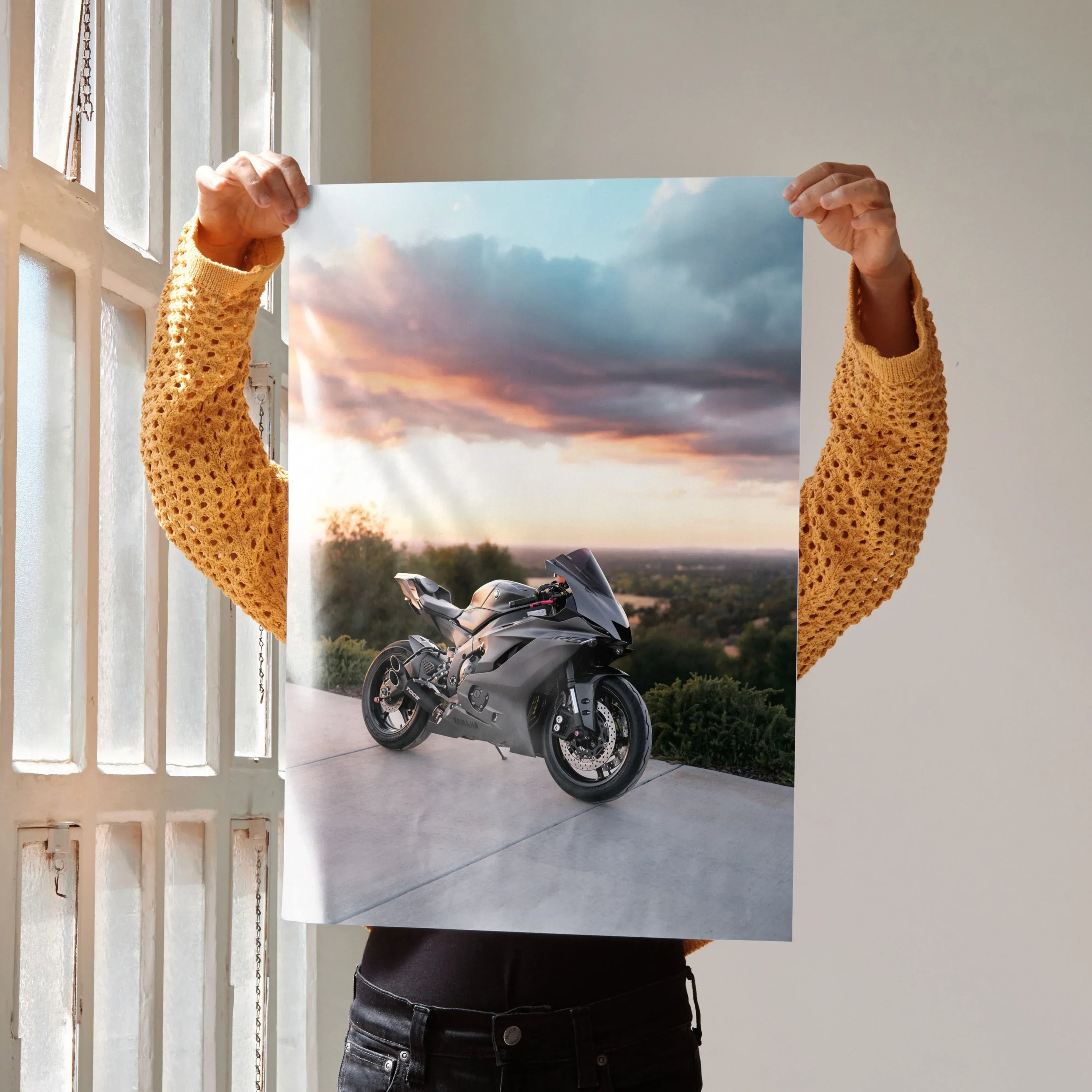 Yamaha R6 motorcycle poster with dramatic sunset sky, modern wall art for bike enthusiasts.