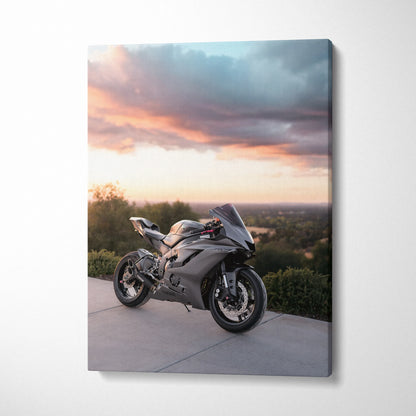 Yamaha R6 motorcycle canvas art with sunset sky, vertical wall art print.