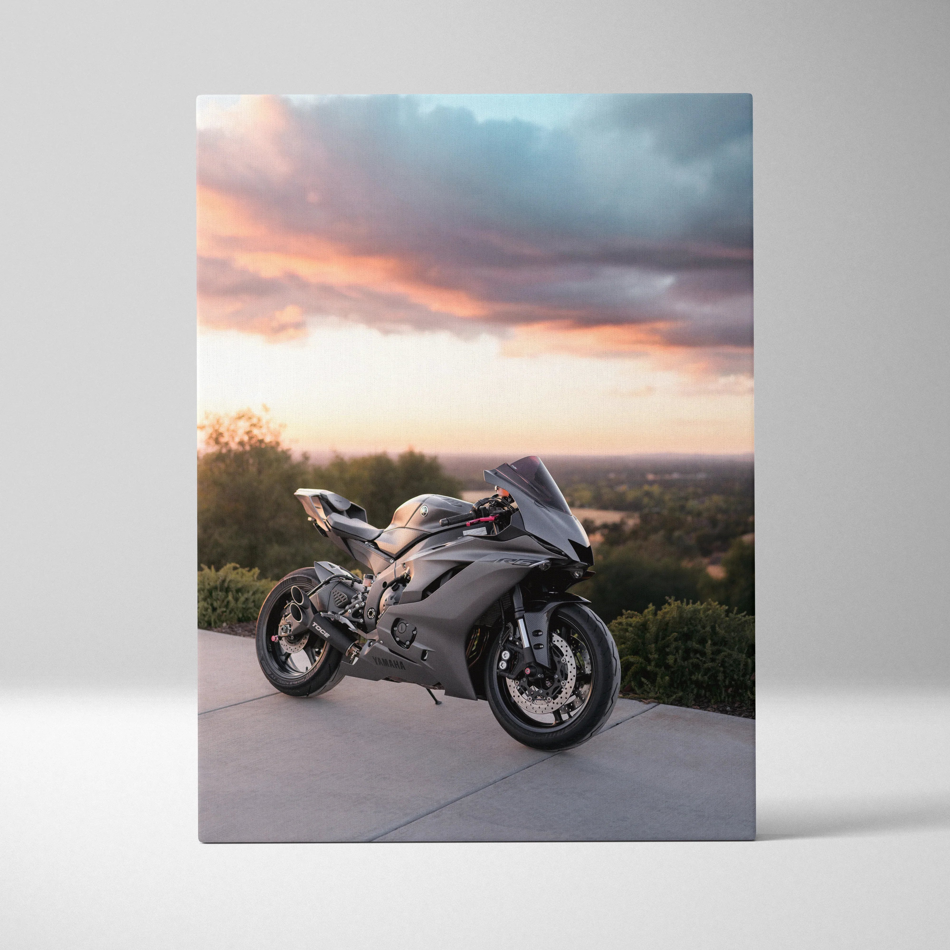 Yamaha R6 sport motorcycle at sunset canvas art with dramatic sky wall art.