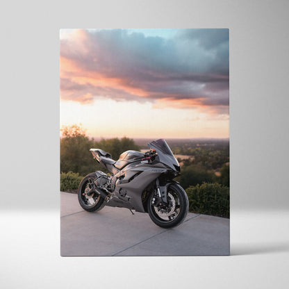 Yamaha R6 sport motorcycle at sunset canvas art with dramatic sky wall art.