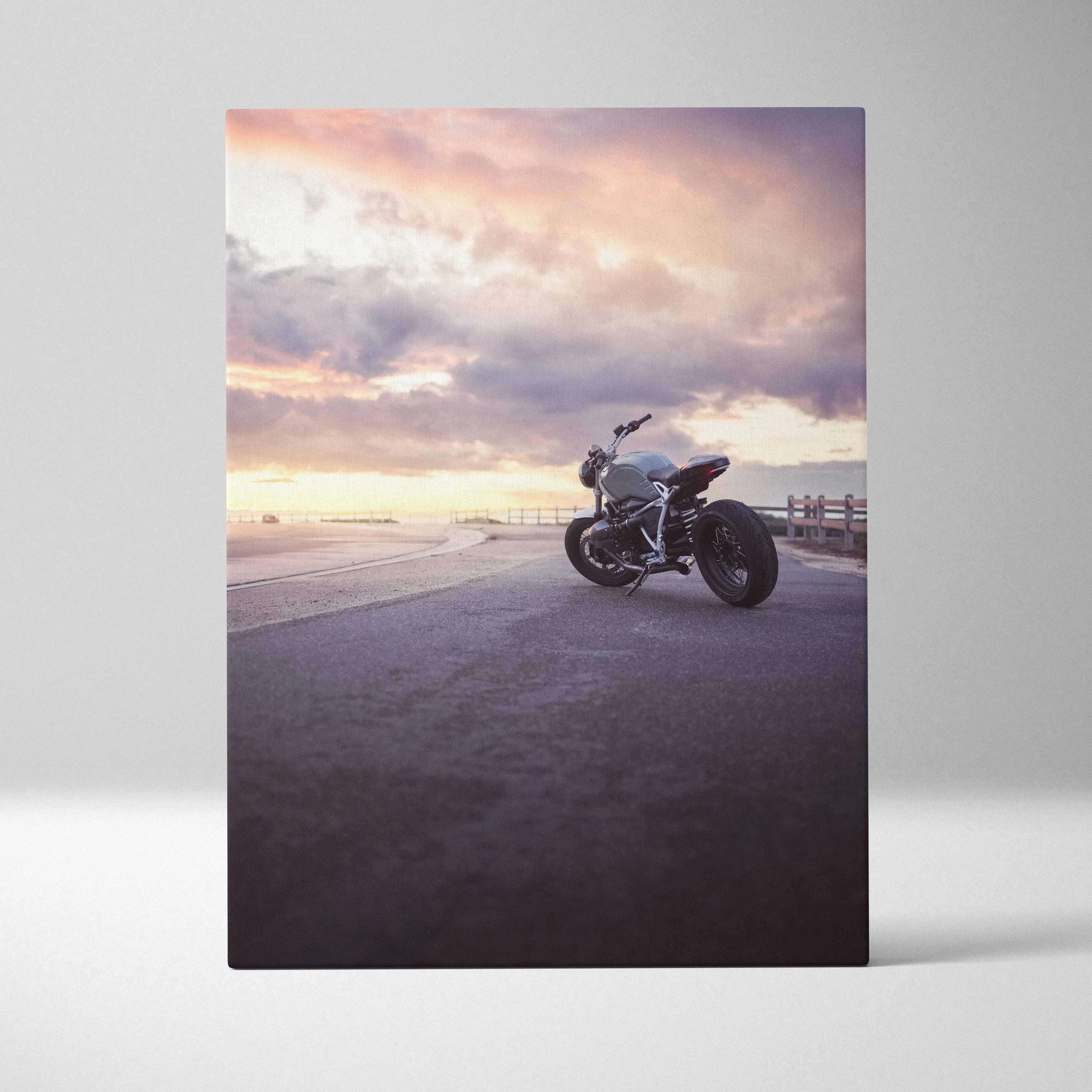 BMW R Nine T motorcycle canvas art with sunset sky background, vertical wall art print.