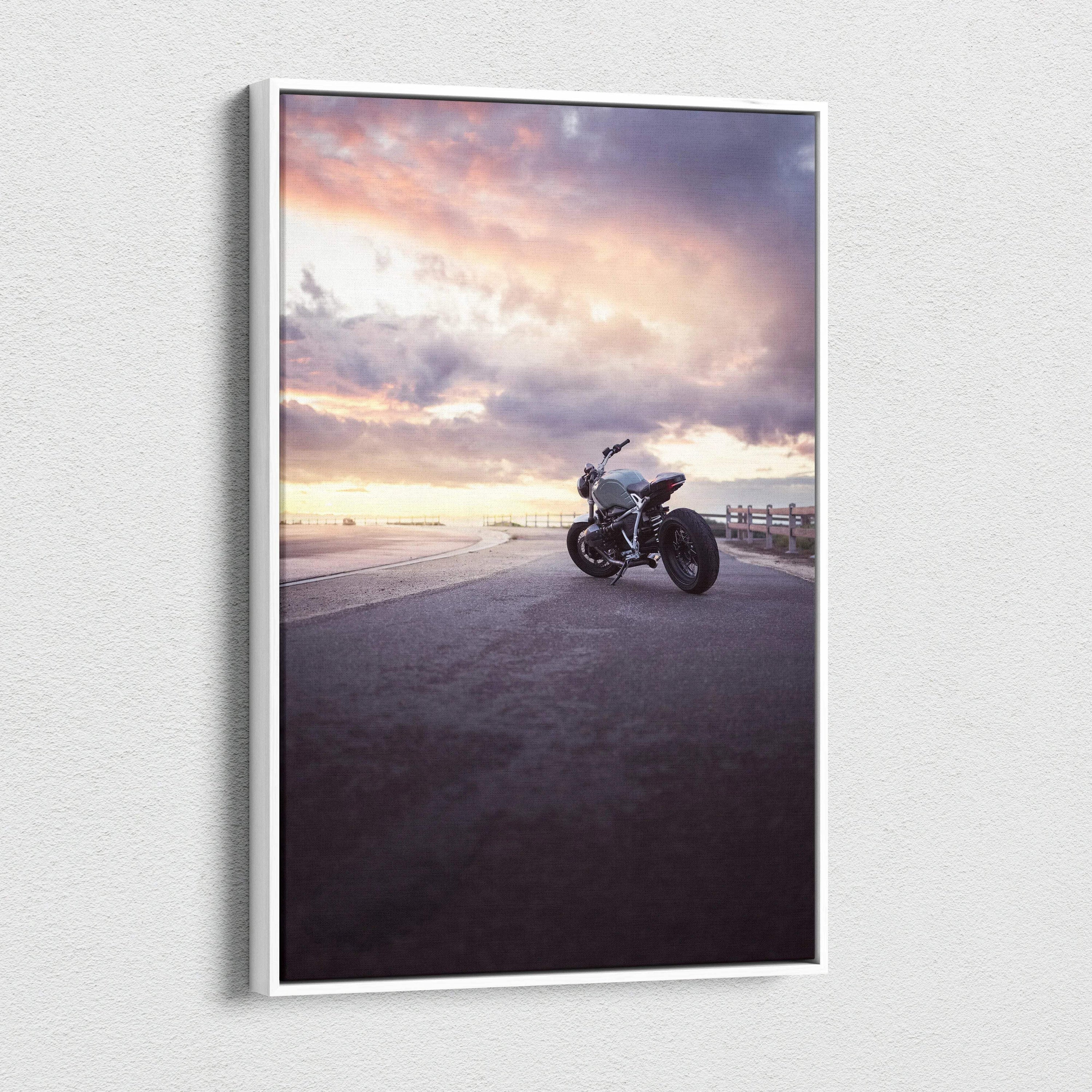 BMW R Nine T motorcycle canvas art with sunset sky, vertical wall art print.