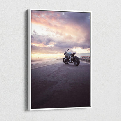BMW R Nine T motorcycle canvas art with sunset sky, vertical wall art print.