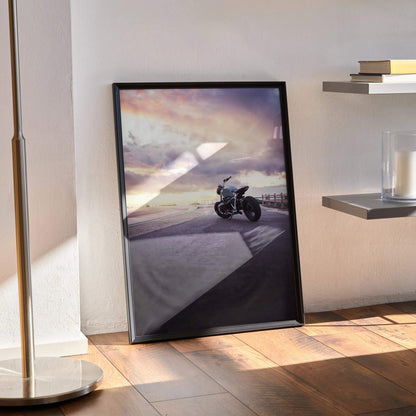 BMW R Nine T motorcycle poster with dramatic sky, black frame wall art for enthusiasts.