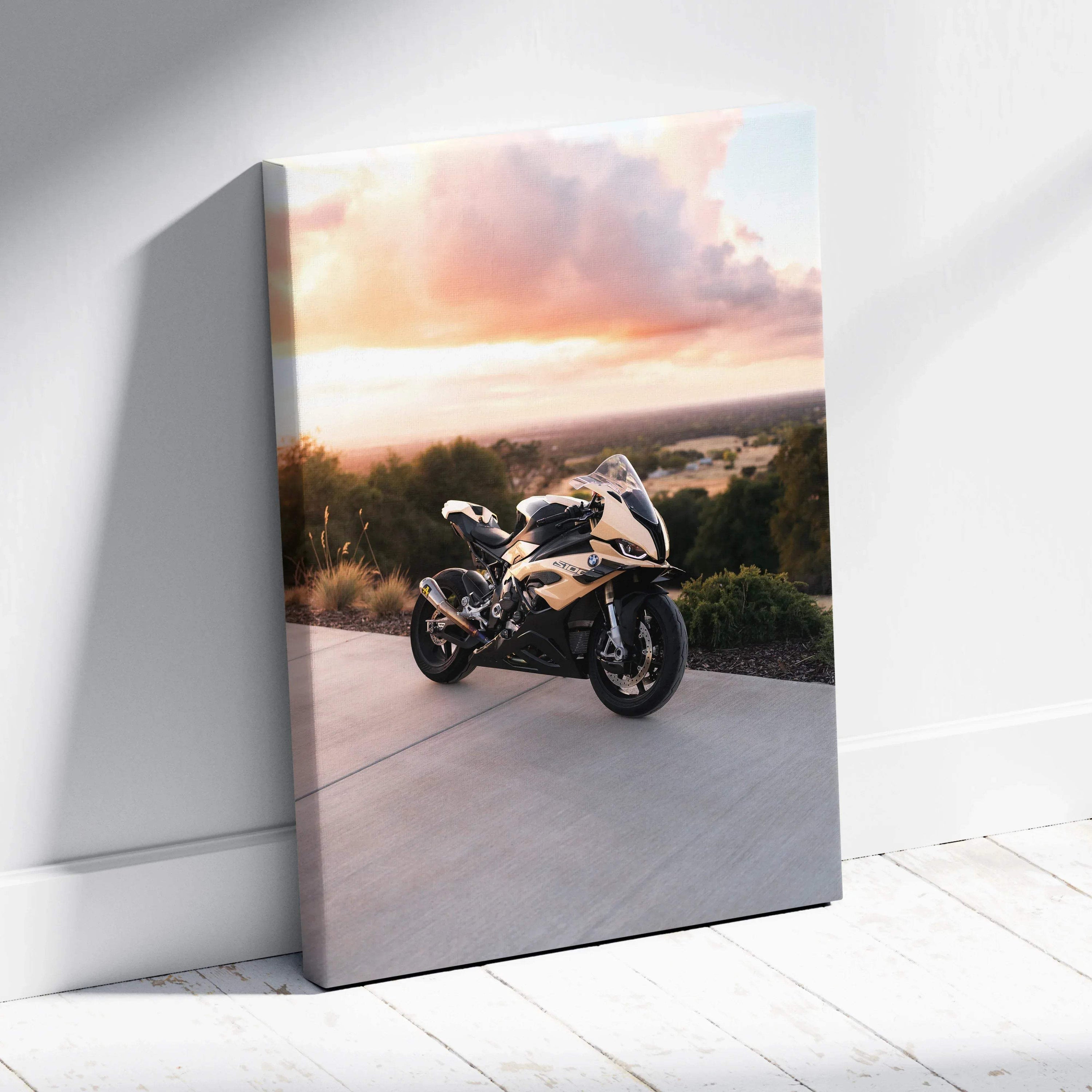 Vertical canvas art featuring a BMW S1000RR motorcycle against a sunset sky, modern wall art.