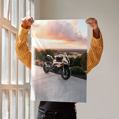 BMW S1000RR motorcycle parked at sunset on concrete, high-resolution poster wall art.