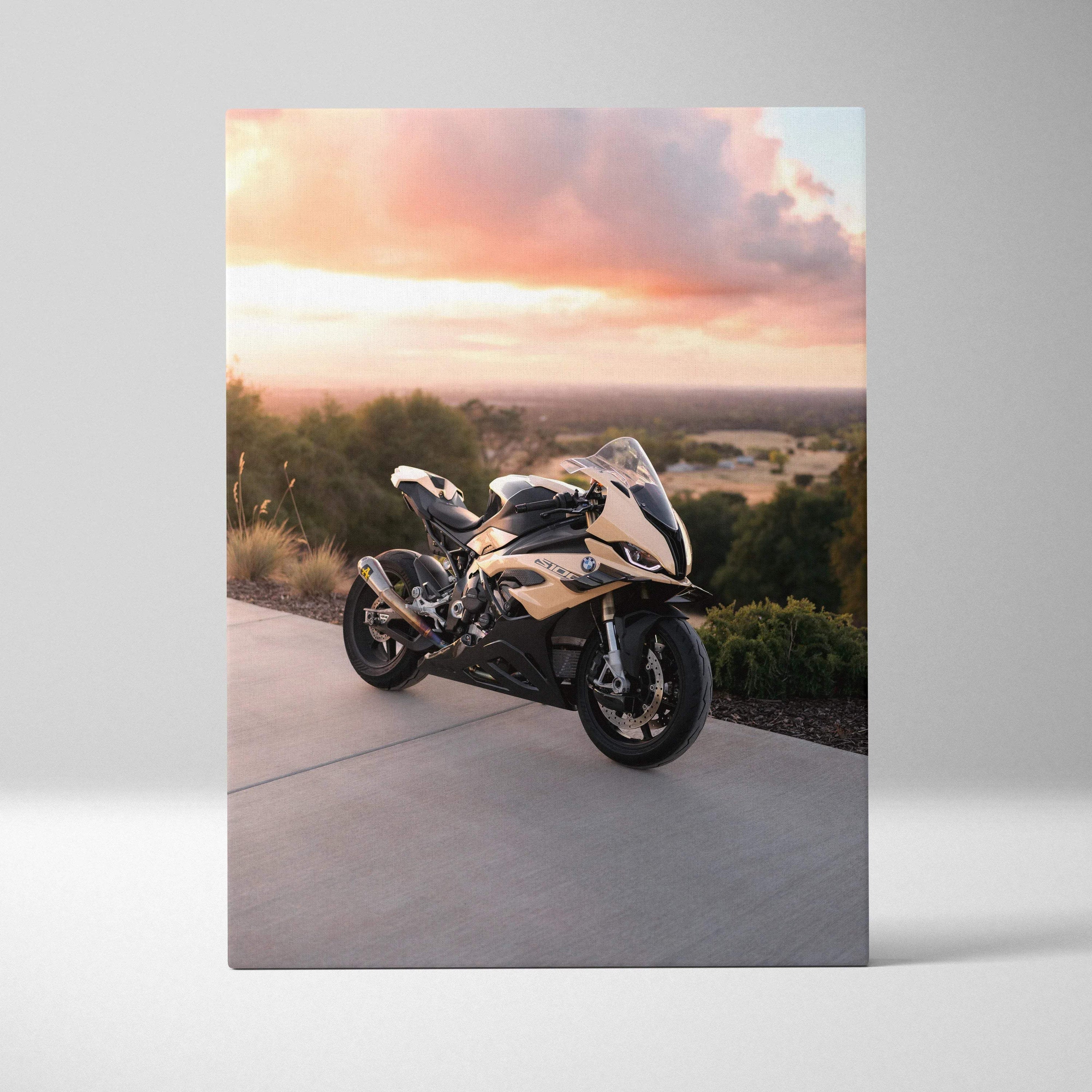 BMW S1000RR motorcycle canvas wall art showcasing a sleek bike at sunset with soft sky and landscape background.