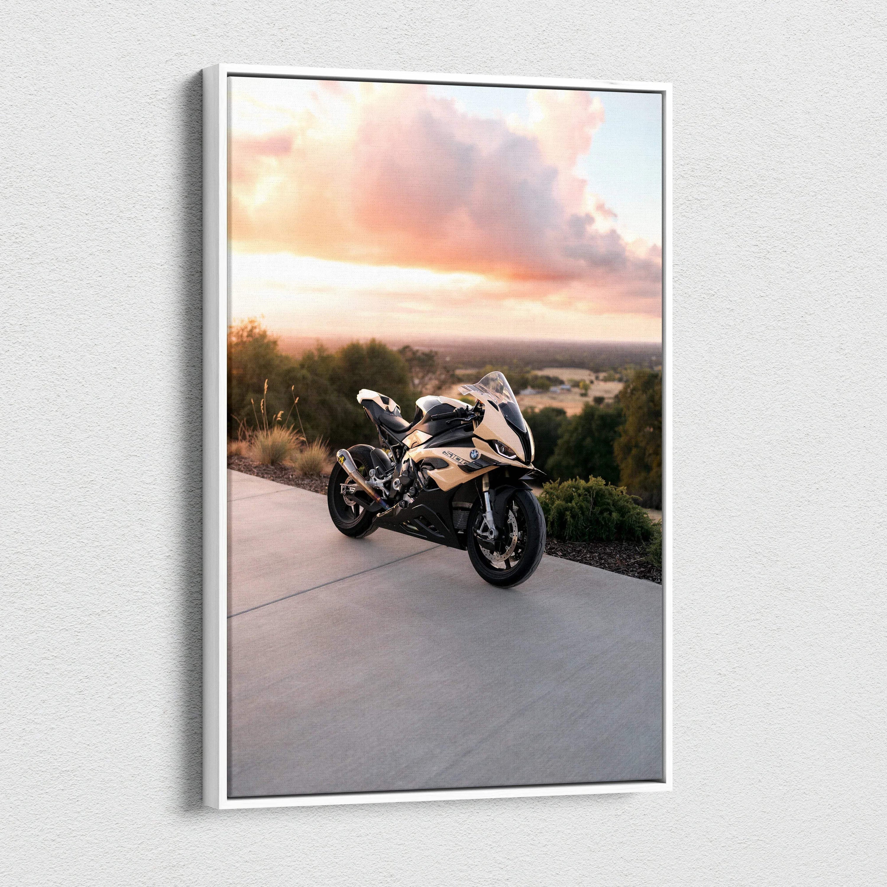 BMW S1000RR motorcycle canvas art with sunset background, vertical wall art print.