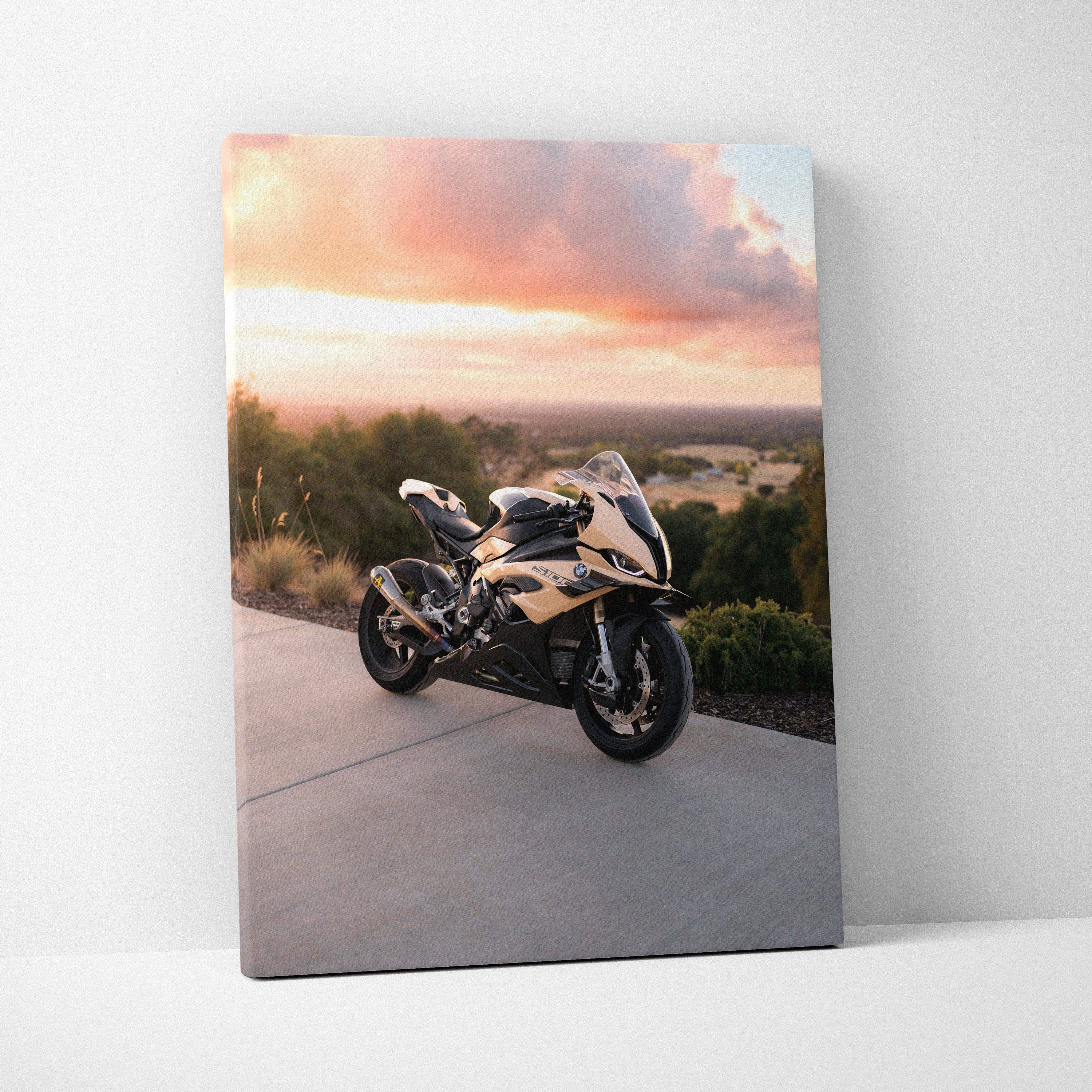 BMW S1000RR motorcycle against sunset backdrop on vertical canvas wall art print.