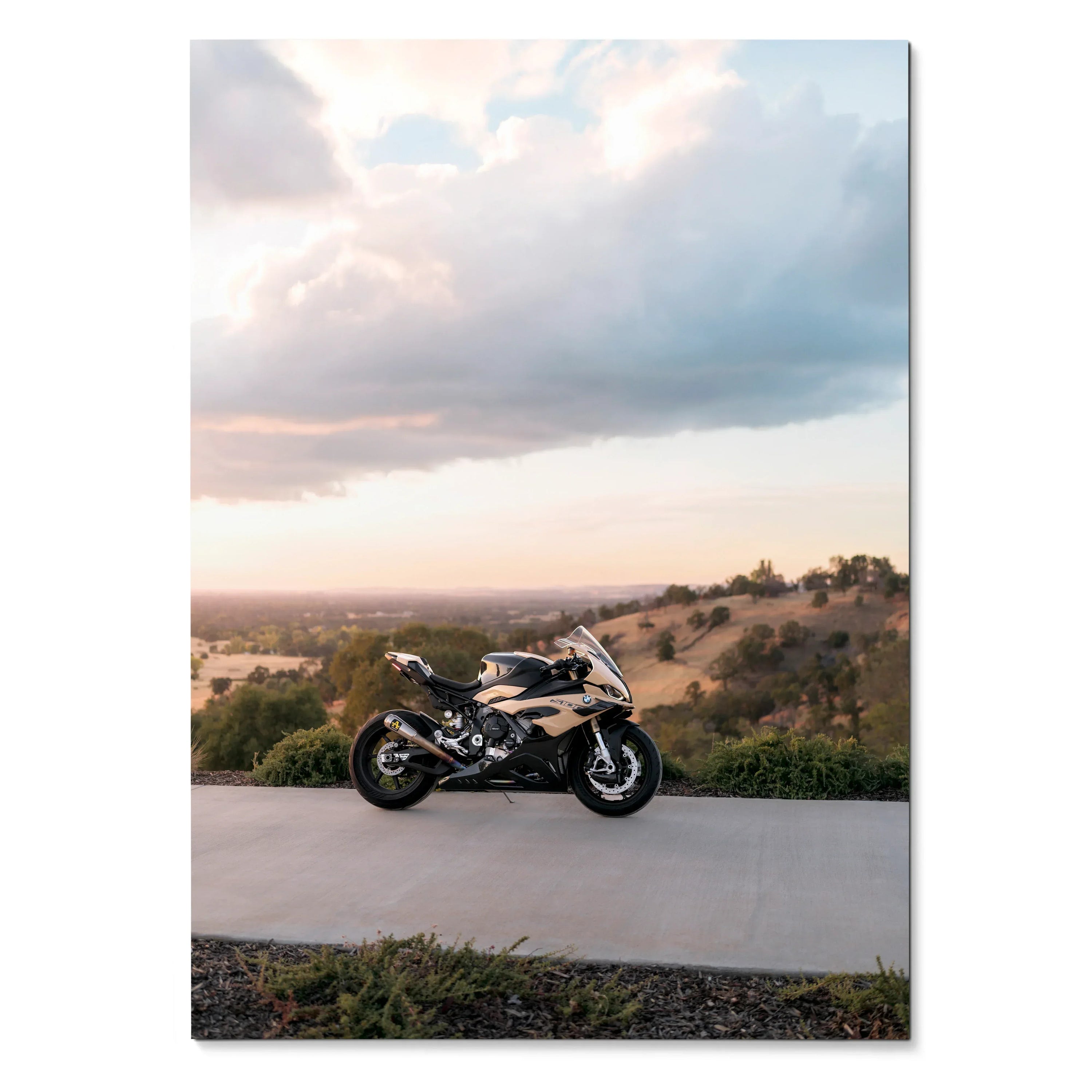 BMW S1000RR motorcycle poster with scenic sunset background, wall art for motorcycle enthusiasts.