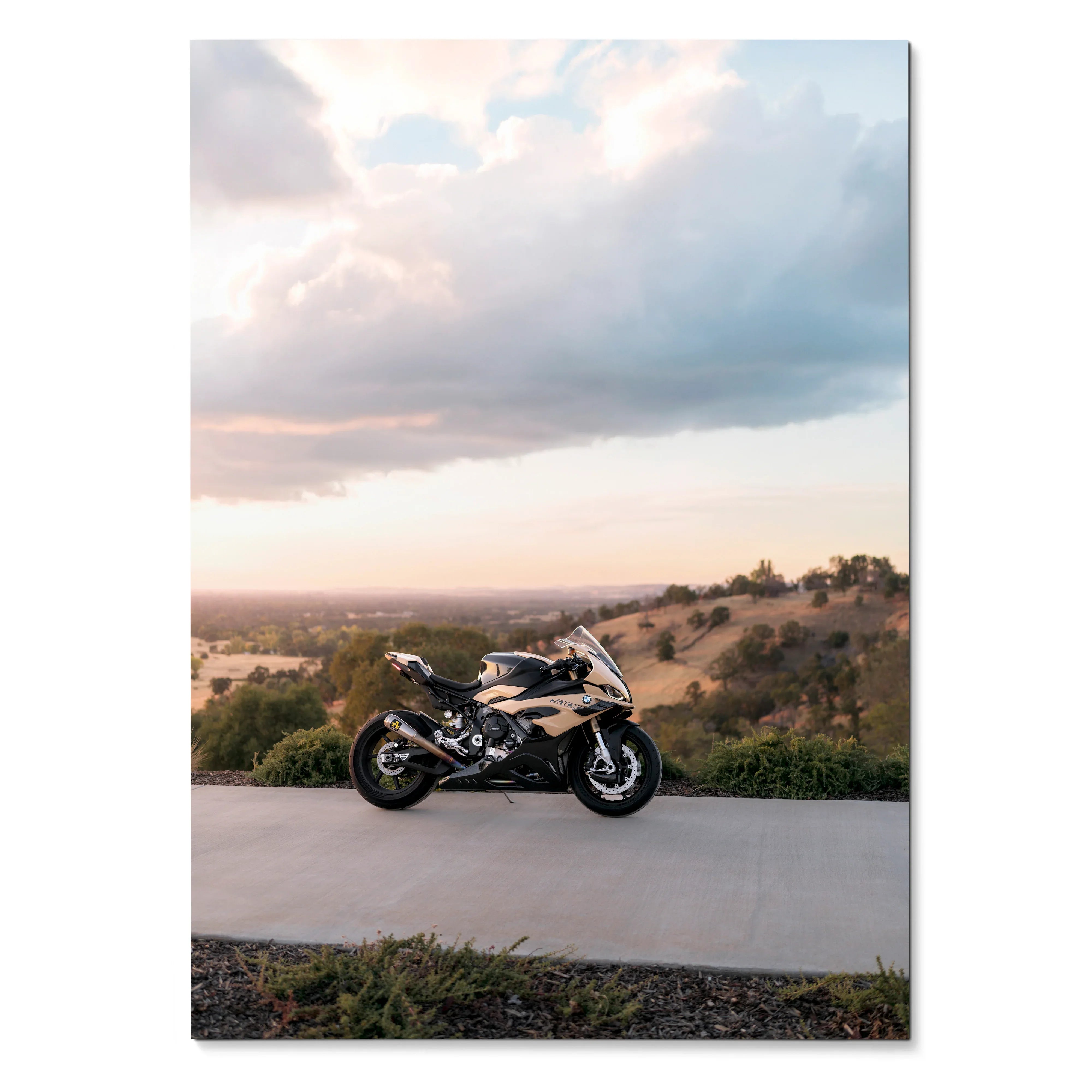 BMW S1000RR motorcycle poster with scenic sunset background, wall art for motorcycle enthusiasts.