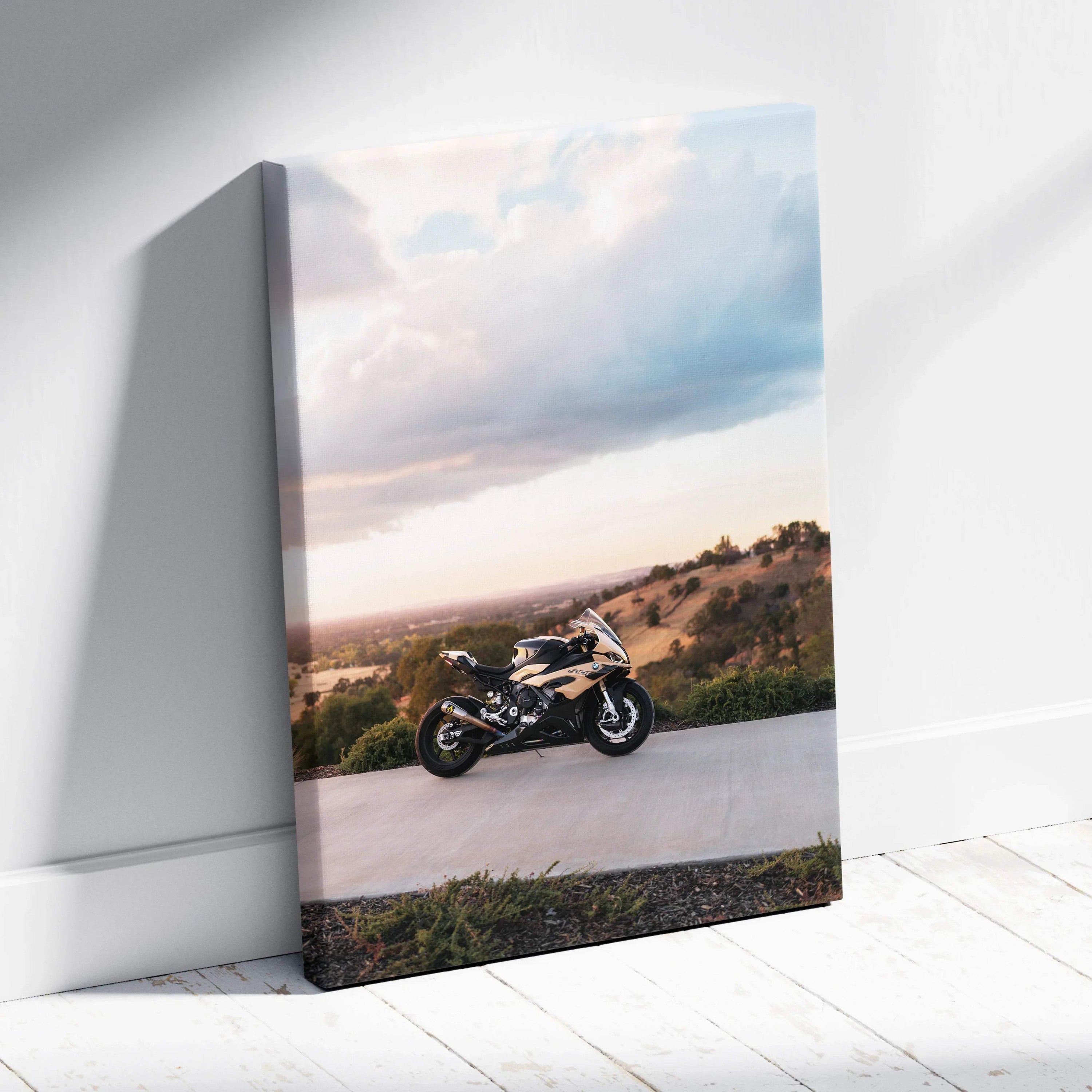 BMW S1000RR motorcycle canvas art with scenic hillside background, vertical wall art panel.