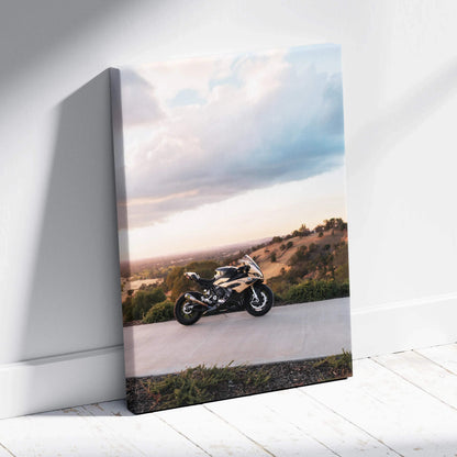 BMW S1000RR motorcycle canvas art with scenic hillside background, vertical wall art panel.