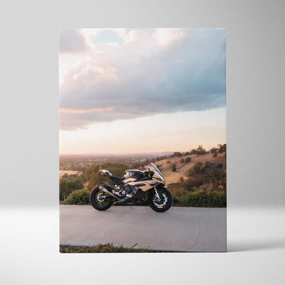 BMW S1000RR motorcycle against scenic landscape on vertical high-resolution canvas wall art.