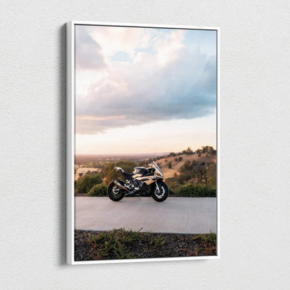 BMW S1000RR motorcycle on road with cloudy sky background vertical canvas wall art.