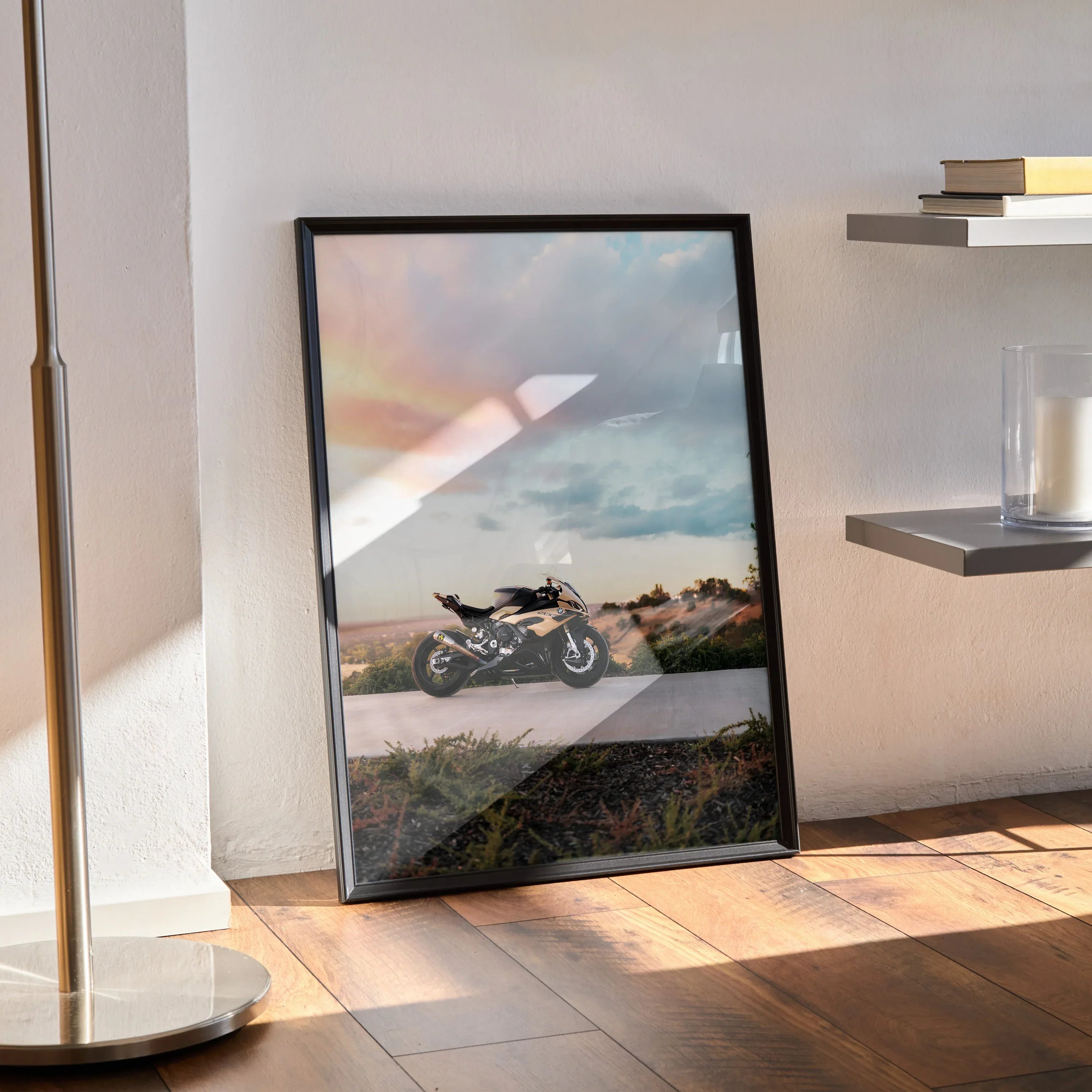 BMW S1000RR motorcycle poster with scenic background leaning against wall, modern wall art.