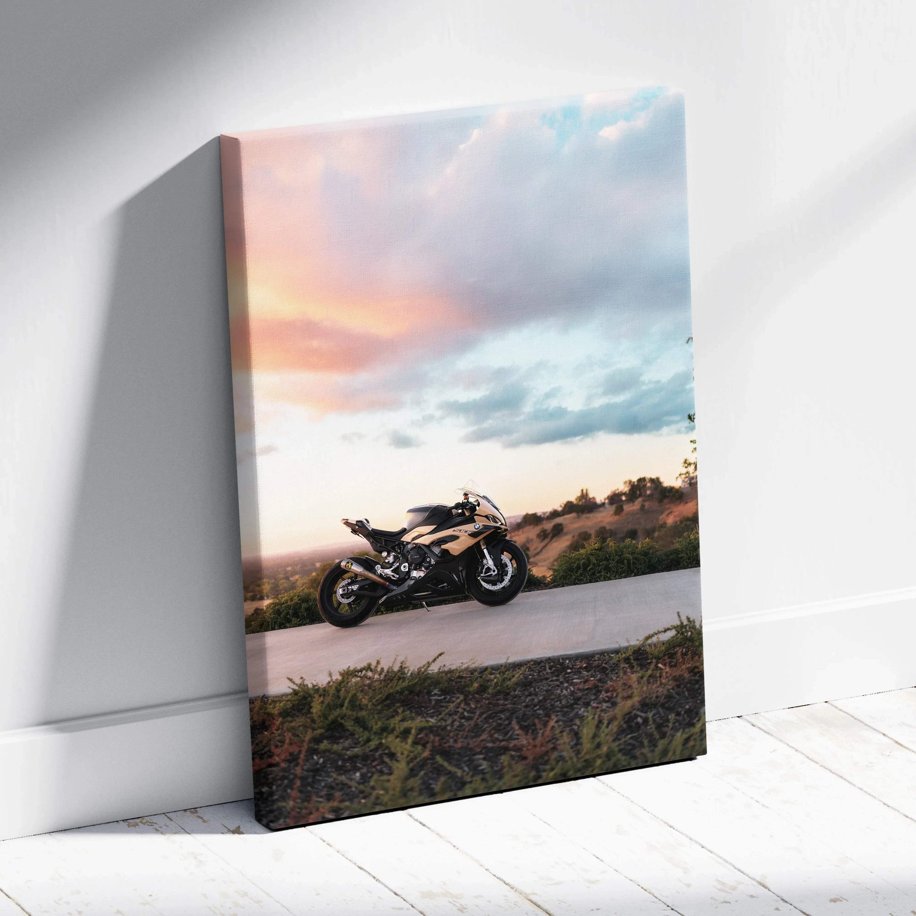 BMW S1000RR motorcycle canvas art with sunset sky and roadside landscape, vertical wall art.