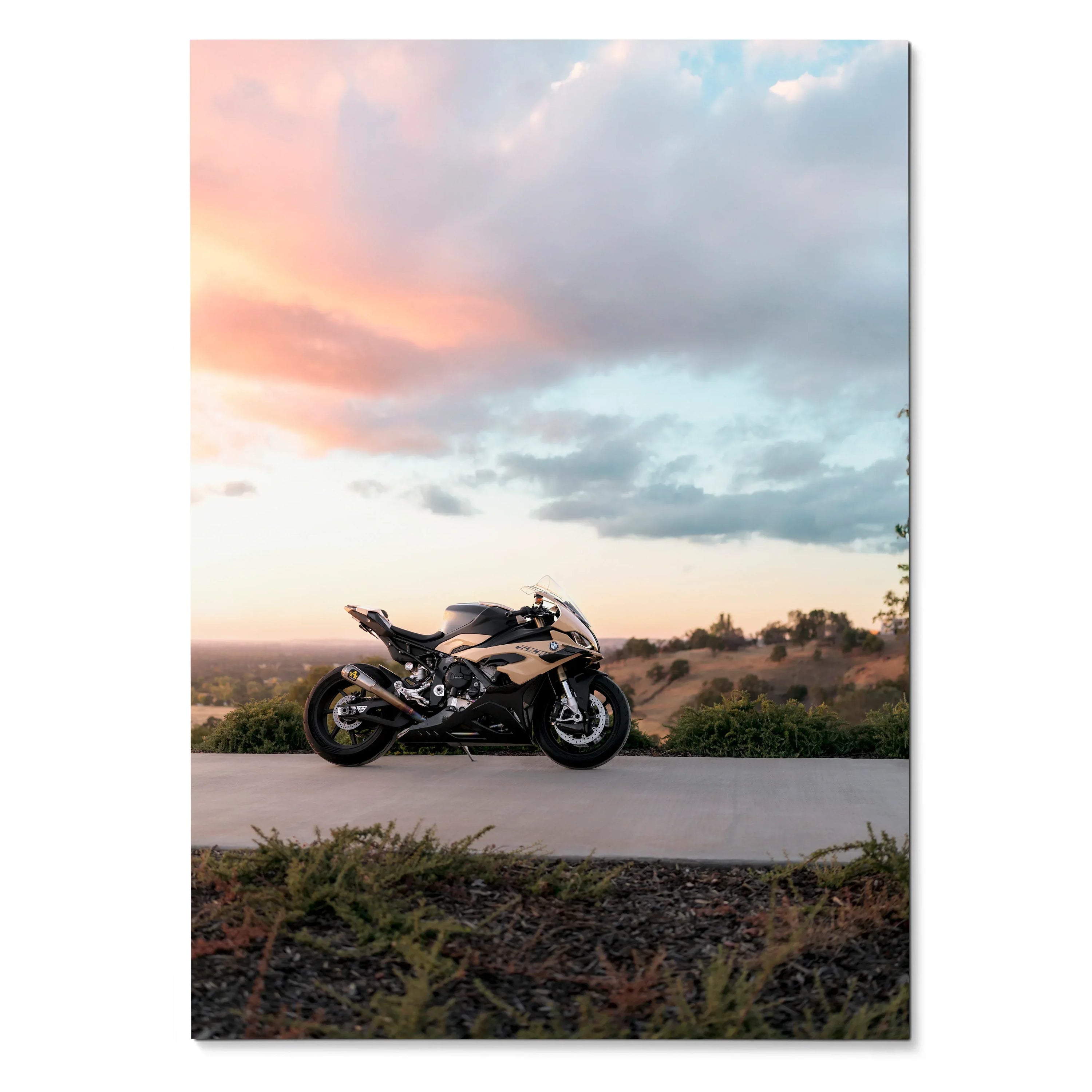 BMW S1000RR motorcycle poster with sunset sky background, modern wall art design.