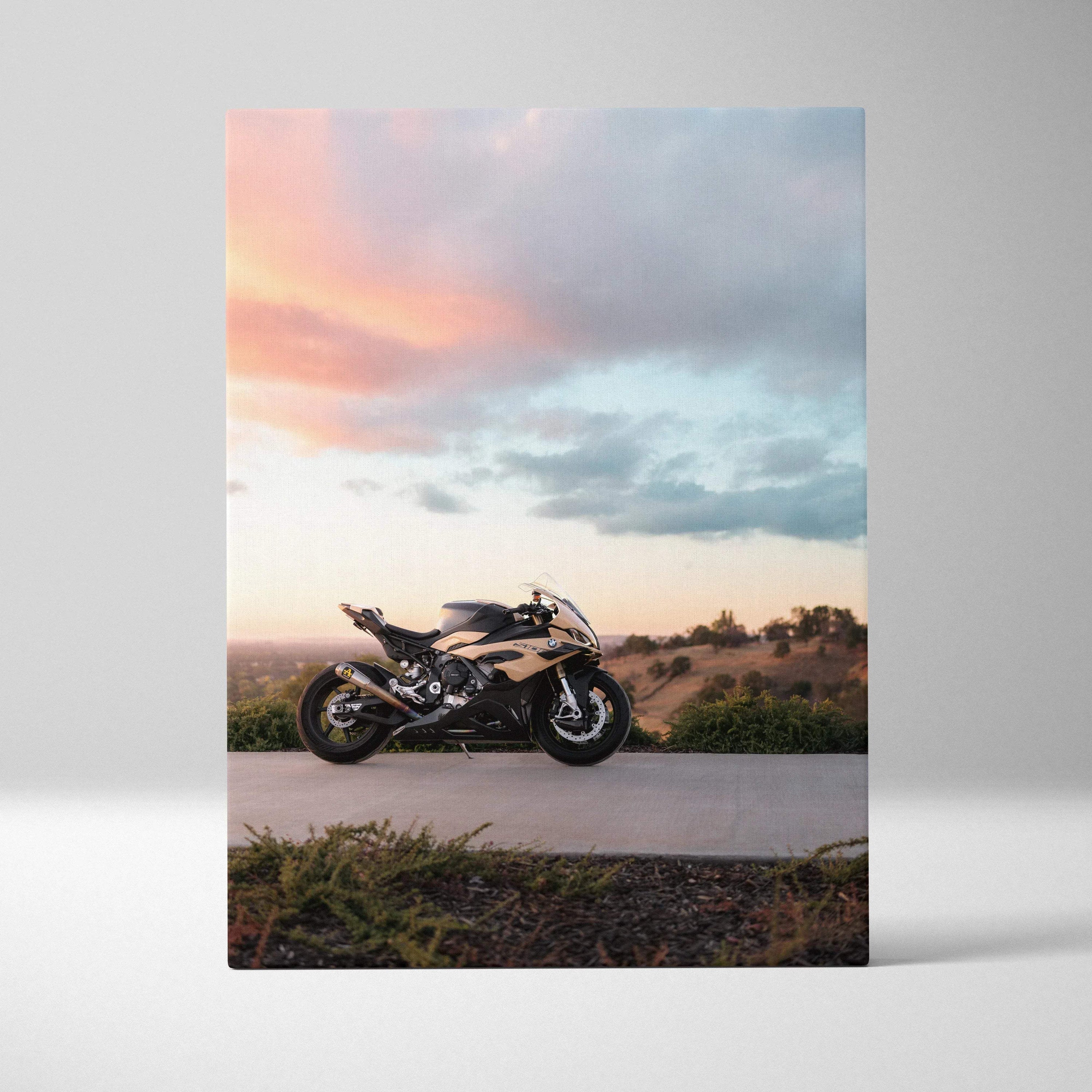 BMW S1000RR motorcycle canvas art with sunset sky and scenic background wall art.