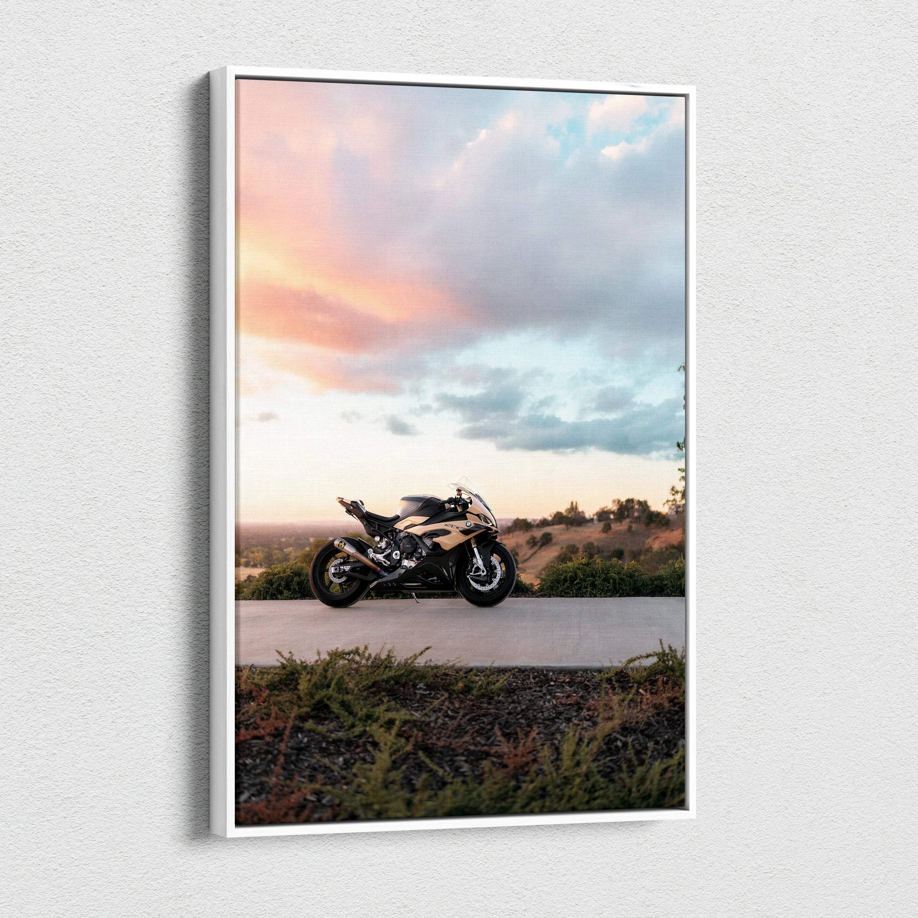 BMW S1000RR motorcycle at sunset canvas wall art vertical canvas art print.