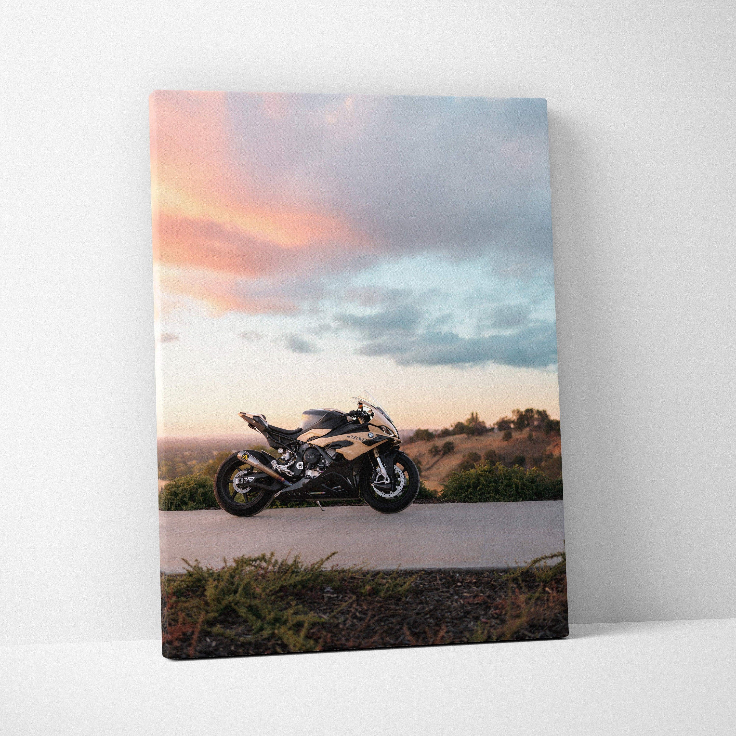 BMW S1000RR motorcycle canvas art with sunset sky, vertical wall art print.