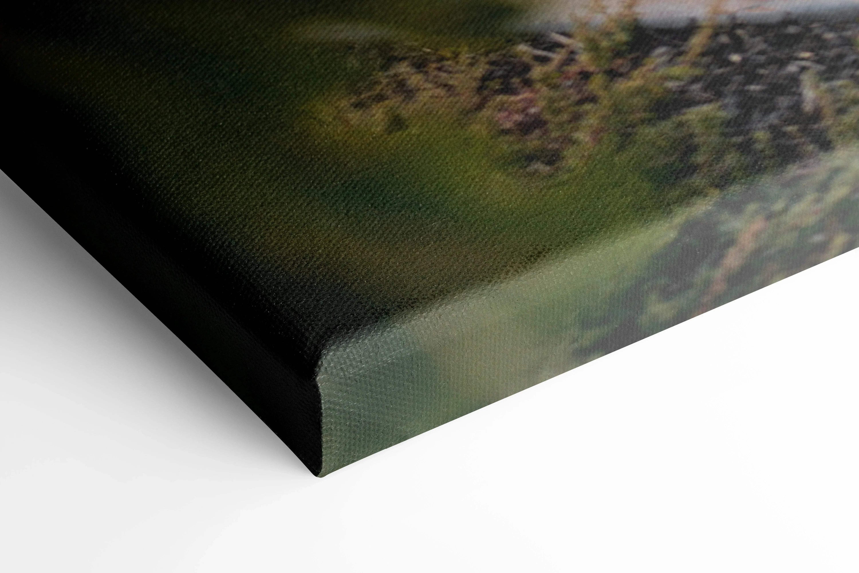 Close-up of high-resolution canvas wall art corner with sharp, gallery-wrapped edges in vertical format.