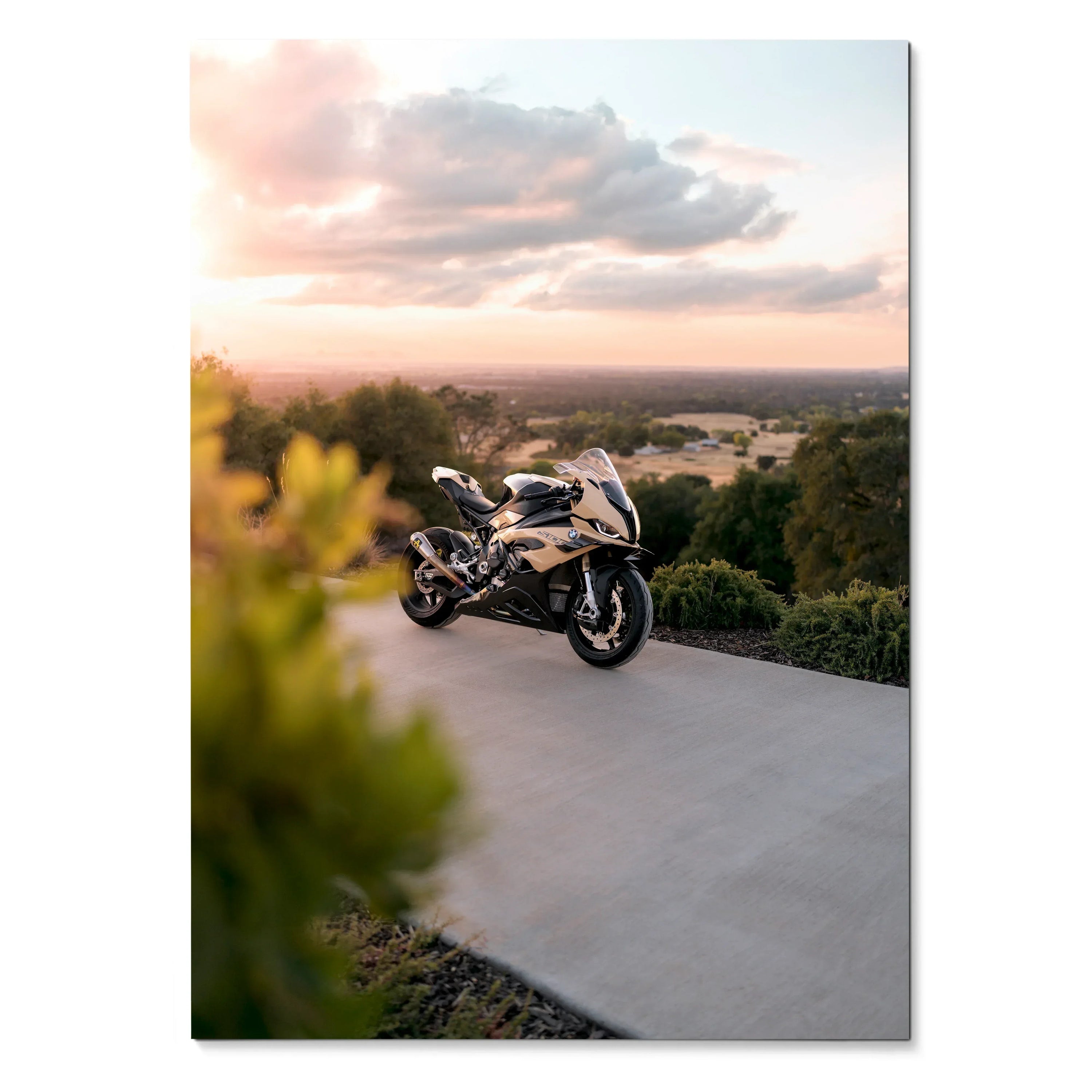 BMW S1000RR motorcycle poster featuring sleek bike at sunset with scenic background wall art.