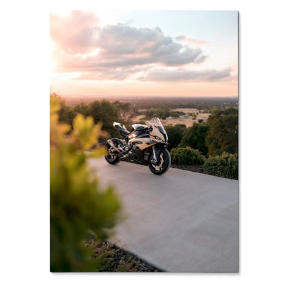 BMW S1000RR motorcycle poster featuring sleek bike at sunset with scenic background wall art.