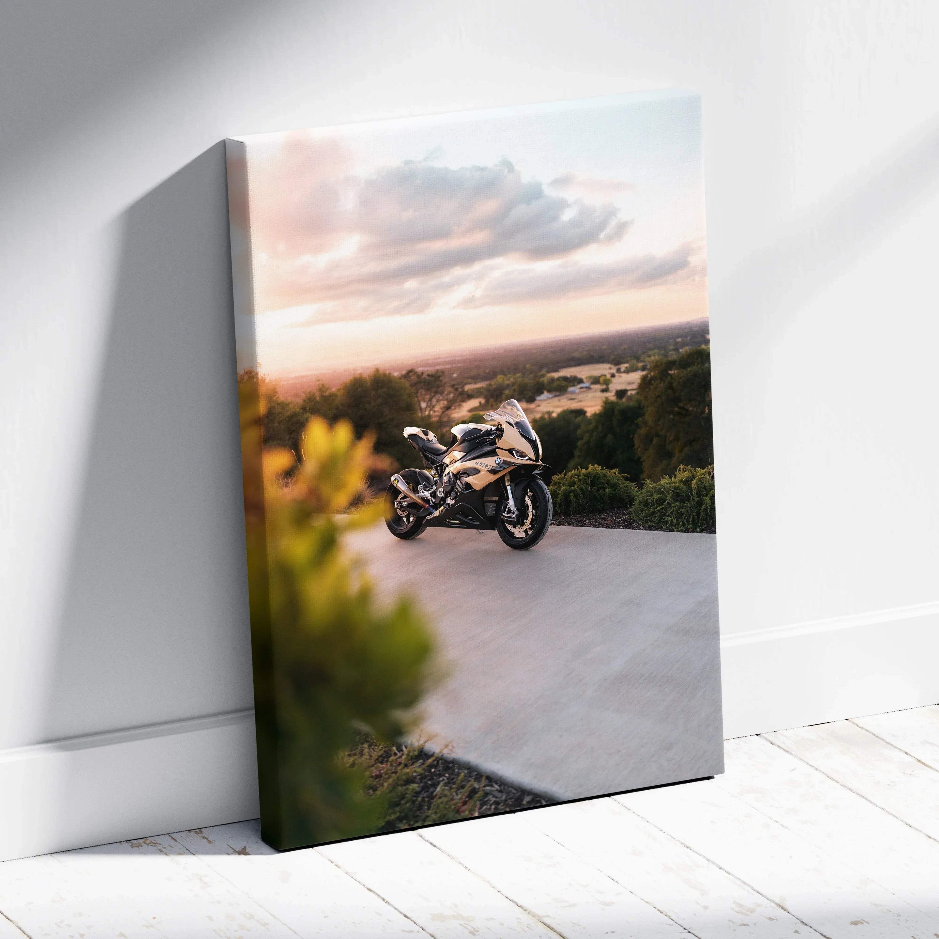 BMW S1000RR motorcycle parked outdoors at sunset on vertical canvas wall art with soft natural lighting.