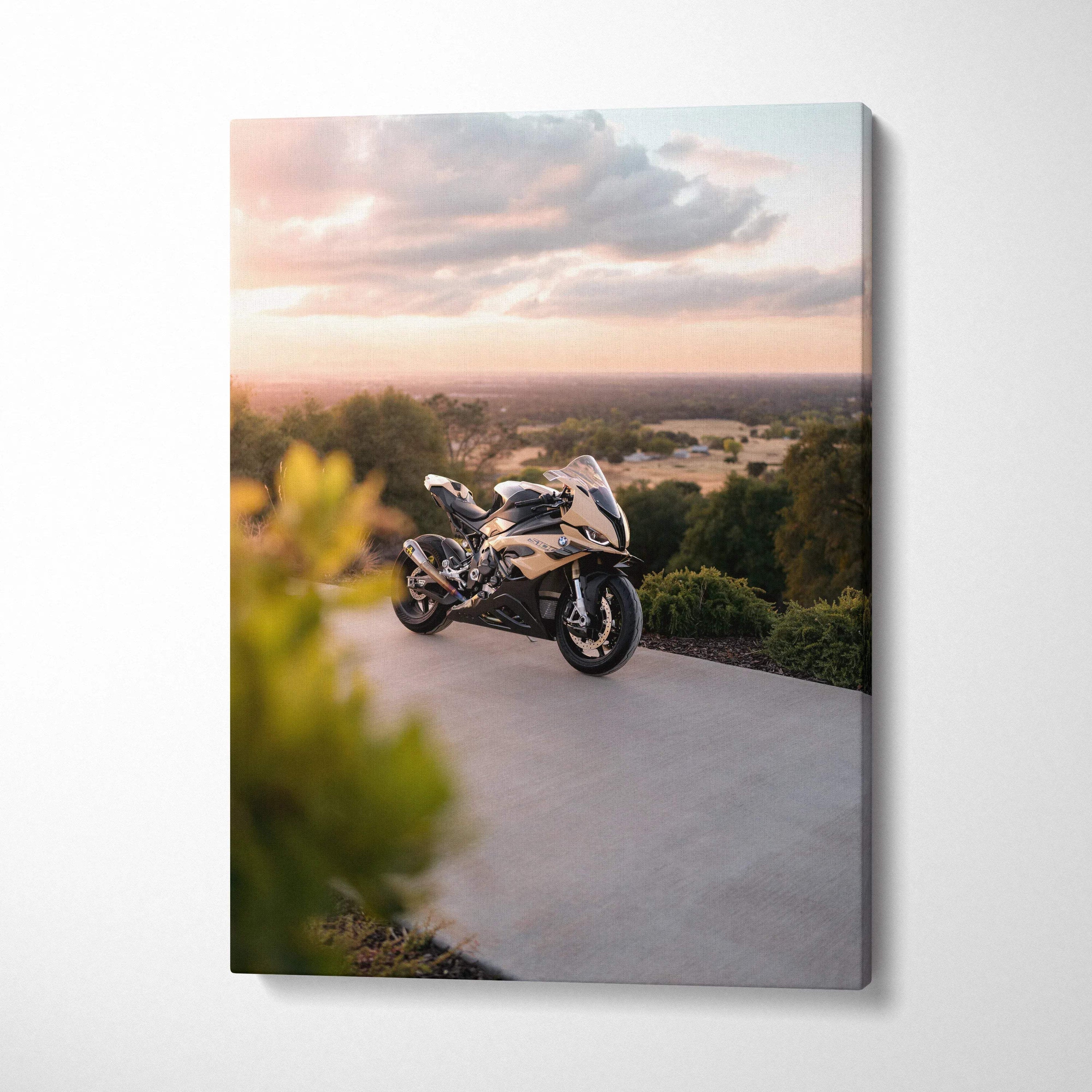BMW S1000RR motorcycle parked outdoors at sunset on canvas wall art with soft natural lighting.