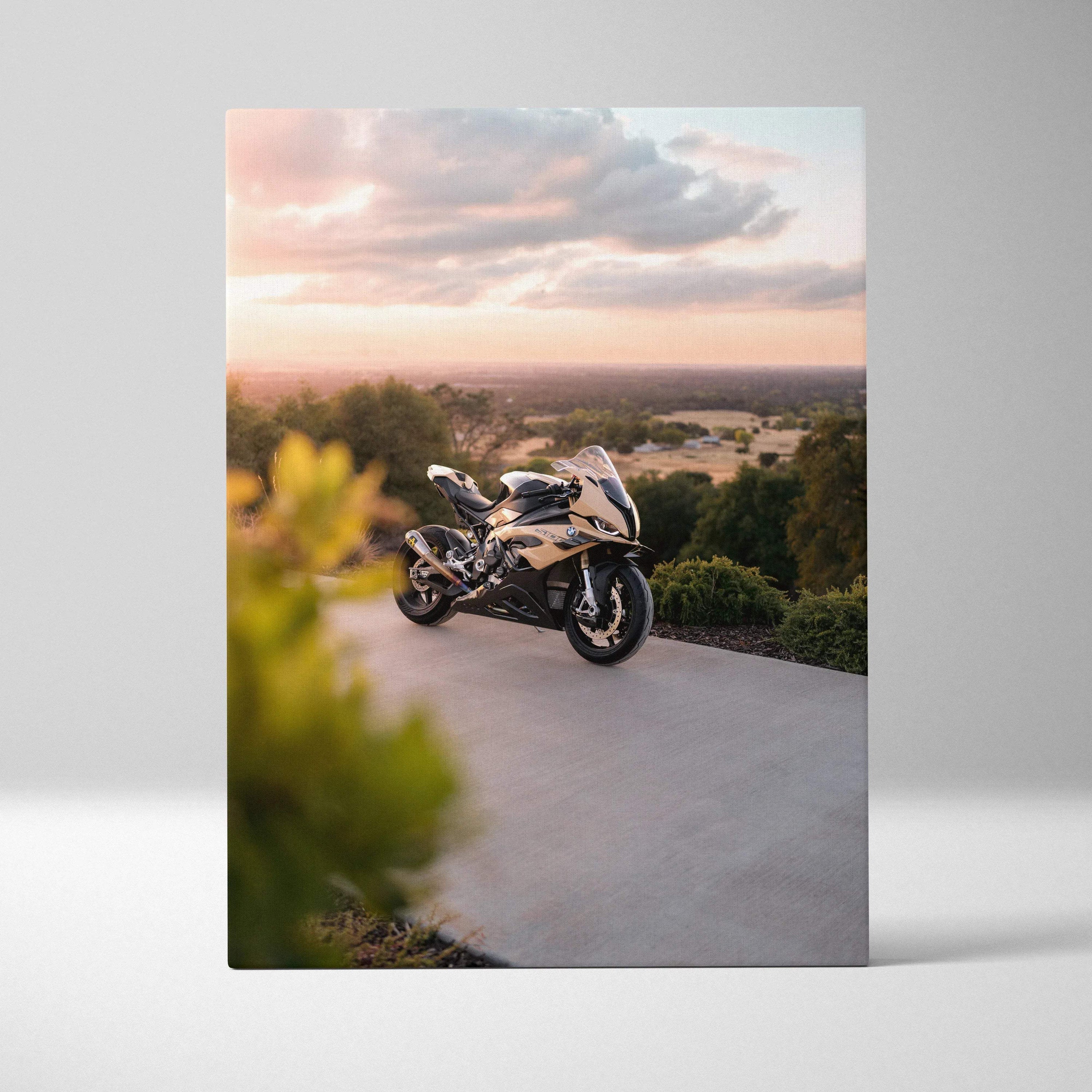 BMW S1000RR motorcycle at sunset canvas wall art in vertical format with soft natural lighting.