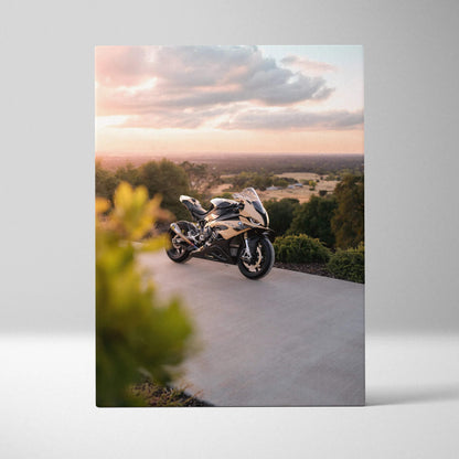 BMW S1000RR motorcycle at sunset canvas wall art in vertical format with soft natural lighting.