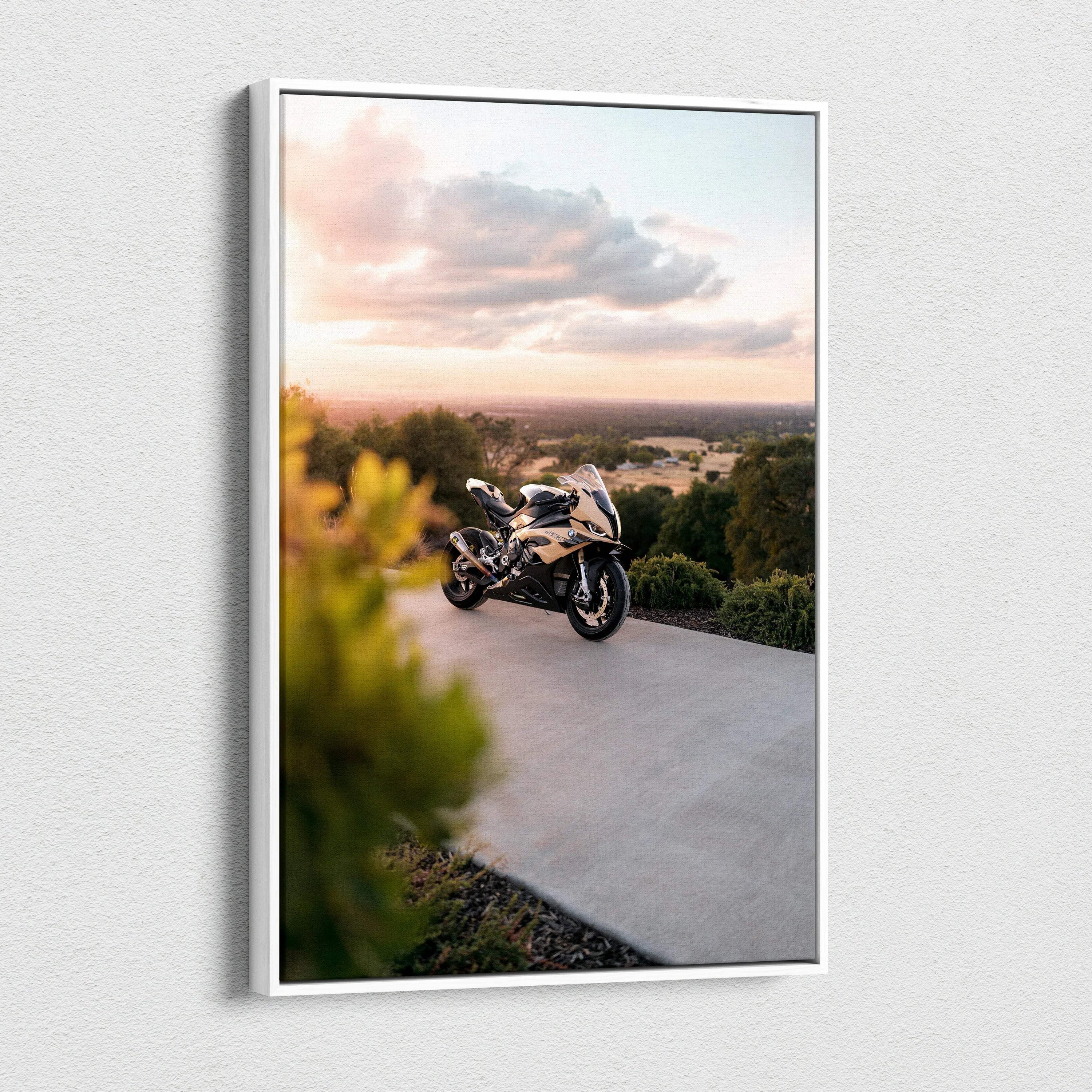 Vertical canvas art featuring a BMW S1000RR motorcycle at sunset, modern wall art detail.
