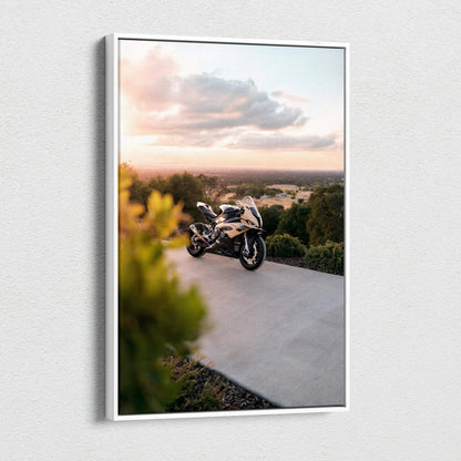 Vertical canvas art featuring a BMW S1000RR motorcycle at sunset, modern wall art detail.