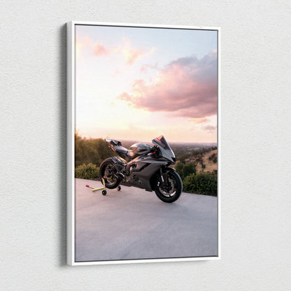 Yamaha R6 motorcycle canvas art with sunset sky, vertical wall art print.