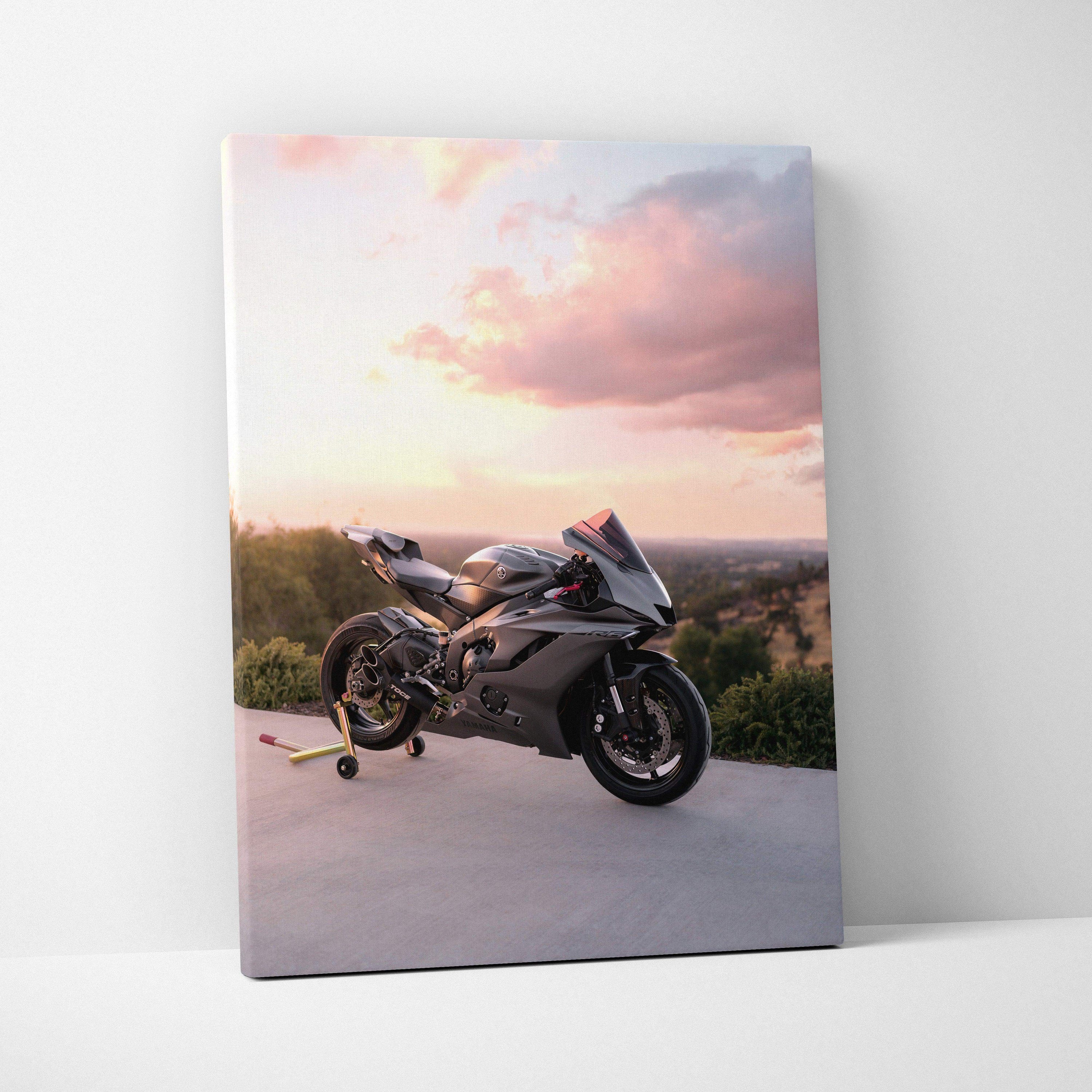Yamaha R6 motorcycle canvas art with sunset sky background, vertical wall art print.