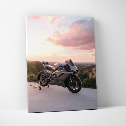 Yamaha R6 motorcycle canvas art with sunset sky background, vertical wall art print.