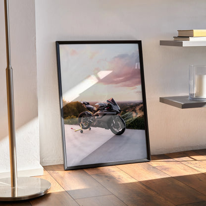 Yamaha R6 motorcycle poster wall art with sunset background leaning on wooden floor in modern room.