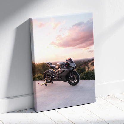 Yamaha R6 motorcycle wall art canvas with sunset sky background and scenic outdoor view.