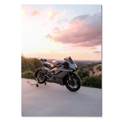 Yamaha R6 motorcycle parked on concrete under pink sunset sky poster wall art.