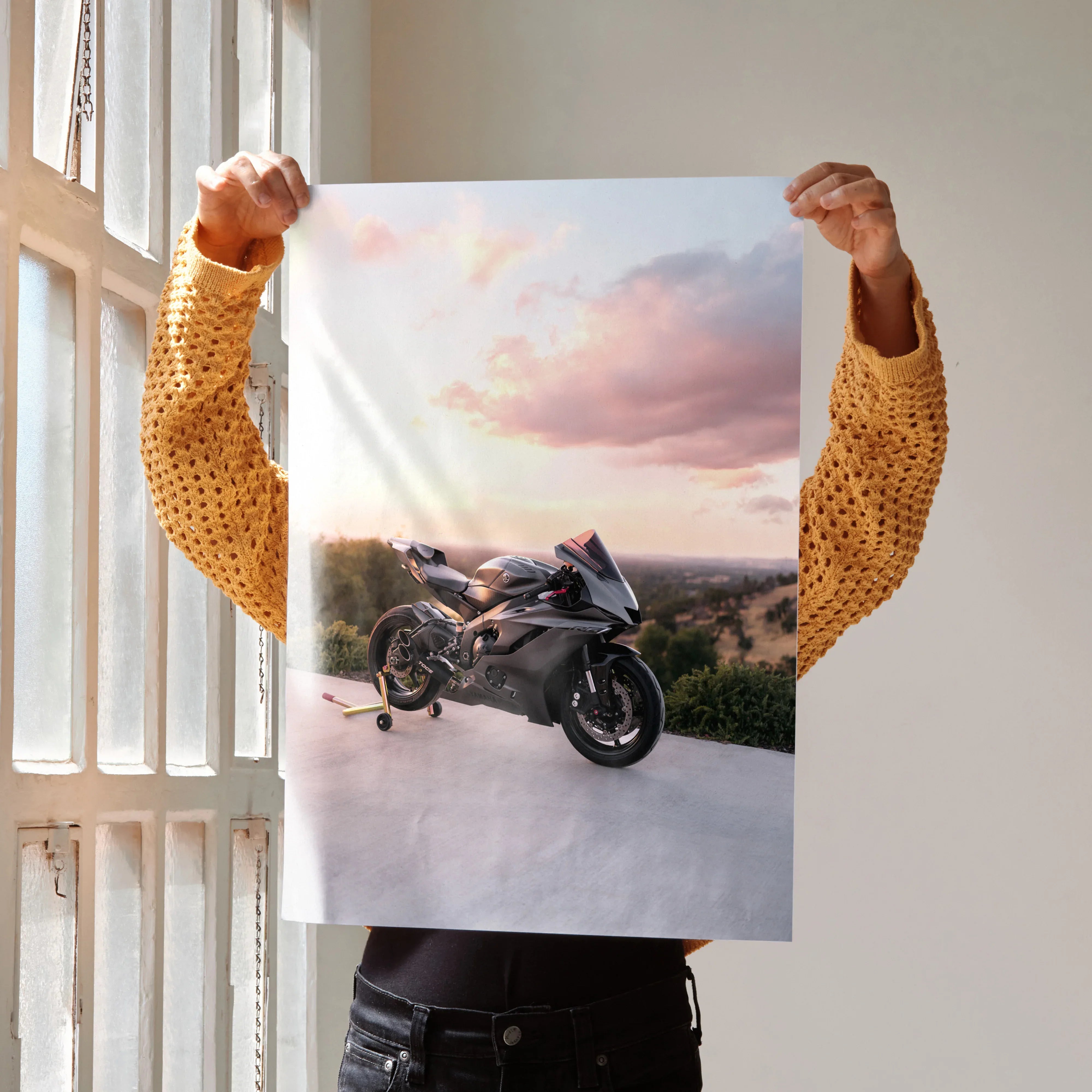 Yamaha R6 motorcycle parked at sunset poster wall art with scenic sky background.