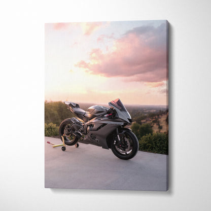 Yamaha R6 motorcycle canvas art with sunset sky, vertical wall art print.