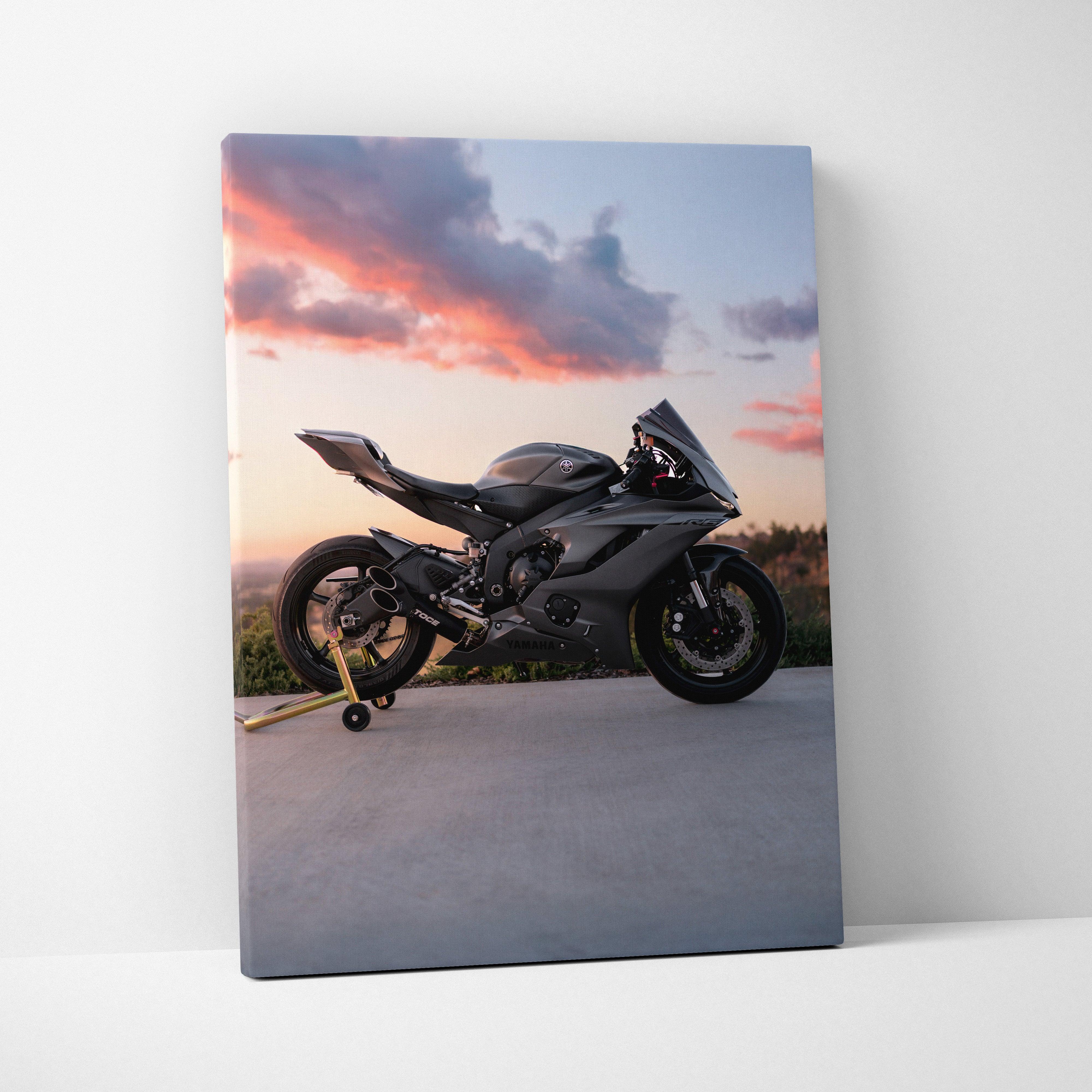 Yamaha R6 black sport motorcycle canvas art with sunset sky background wall art.