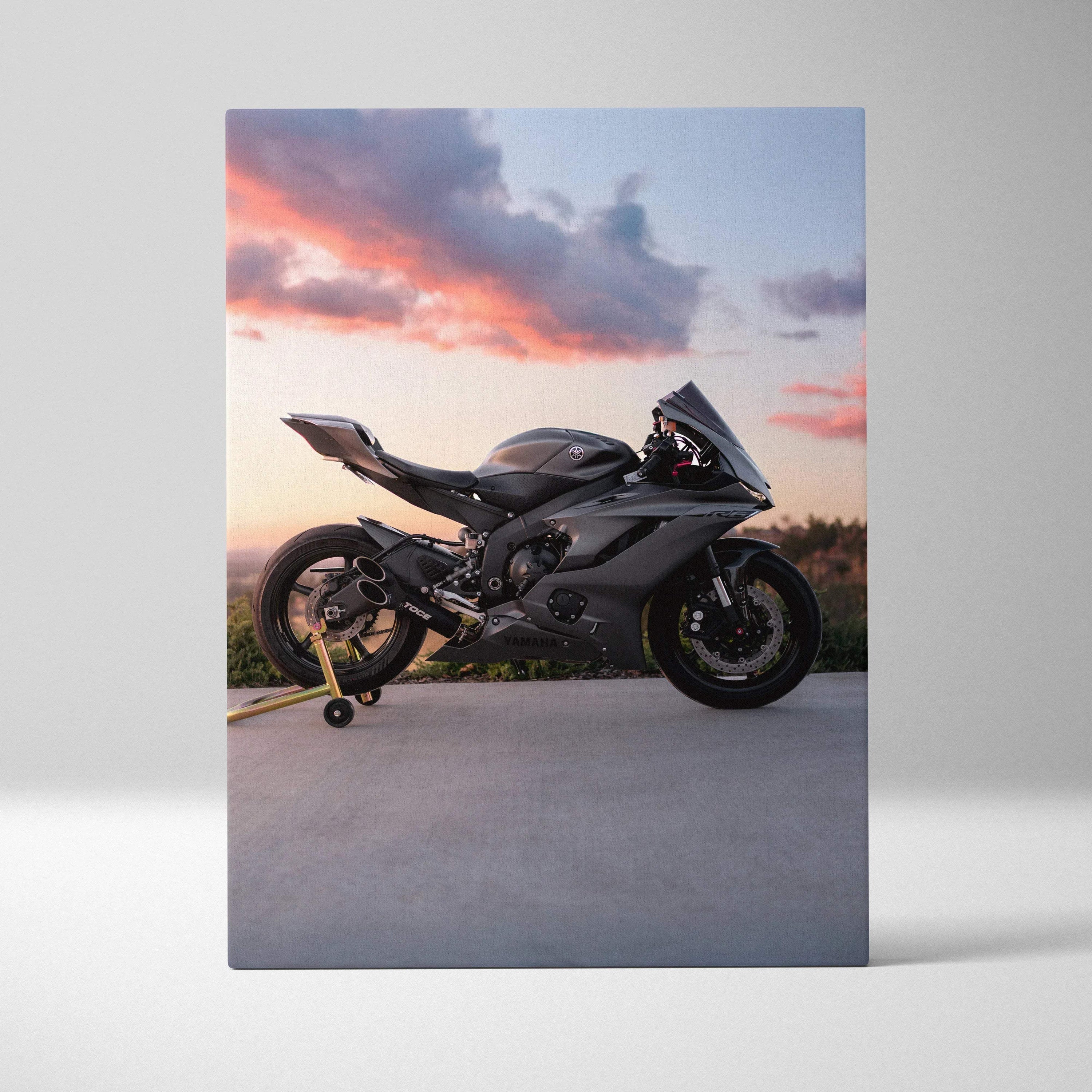 Yamaha R6 black sport motorcycle canvas art with sunset sky background wall art.