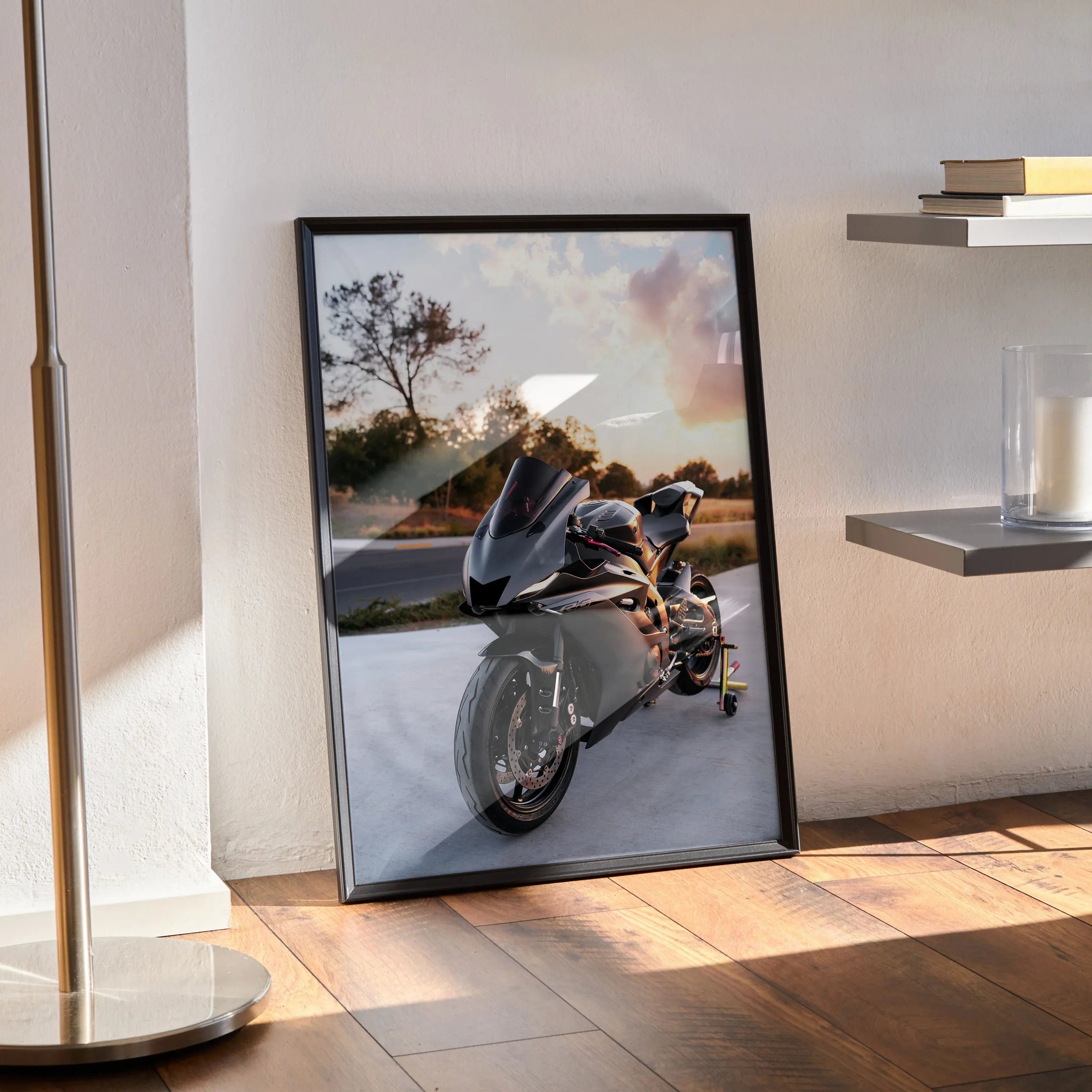 Yamaha R6 motorcycle poster leaning against wall with sunset background wall art.