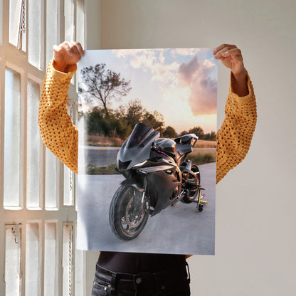 Yamaha R6 motorcycle poster with sunset and scenic outdoor background wall art.